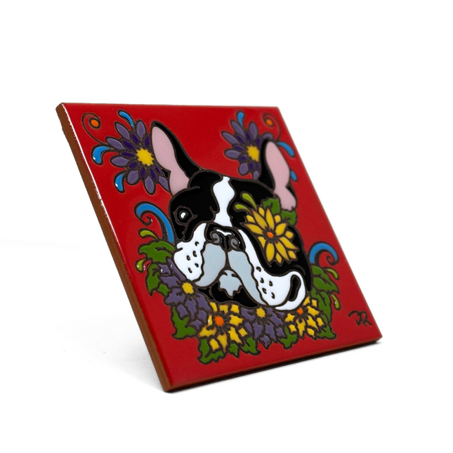 Pup and Blooms - Ceramic Tile Art Gift for Dog and Pet Lovers - Kitchen Trivet Decorative Tile