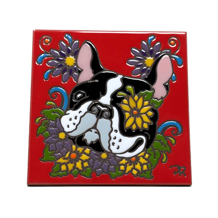 Pup and Blooms - Ceramic Tile Art Gift for Dog and Pet Lovers - Kitchen Trivet Decorative Tile