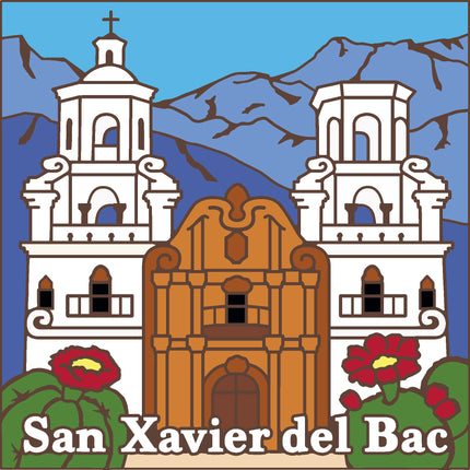 Illustration of San Xavier del Bac with two towers and a door, surrounded by mountains and cacti.