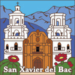 Illustration of San Xavier del Bac with two towers and a door, surrounded by mountains and cacti.