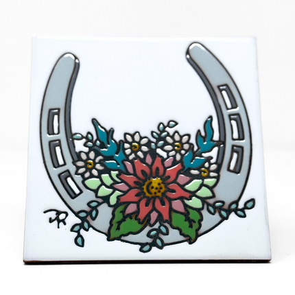 Floral Horseshoe Decorative Tile on White Ceramic | Cowgirl tile Art Gift  Garden Gift | Western Art