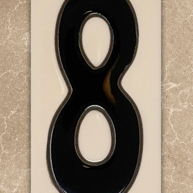 Black number '8' on a beige background