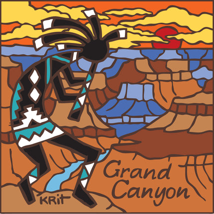 Colorful illustration of a Native American dancer with the Grand Canyon in the background, Grand Canyon Kokopelli Ceramic Tile Trivet Art | Arizona Travel Souvenir | Loose Ceramic Tile