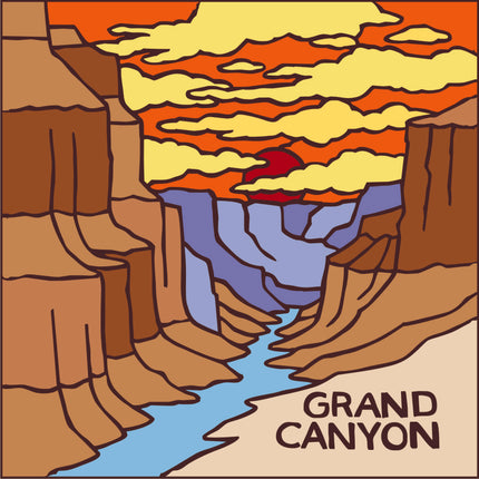 Cartoon illustration of the Grand Canyon with a colorful sky. Grand Canyon River Ceramic Tile Trivet Art | Arizona Travel Souvenir | Loose Ceramic Tile