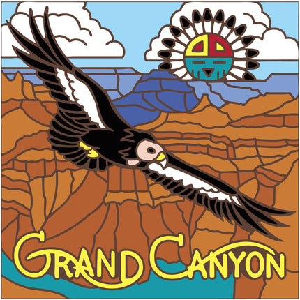 Illustration of an eagle flying over the Grand Canyon with a Native American headdress and 'Grand Canyon' text. Grand Canyon Condor Ceramic Tile Trivet Art | Arizona Travel Souvenir | Loose Ceramic Tile