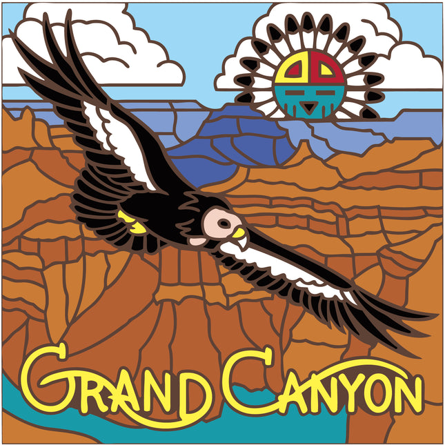 Illustration of an eagle flying over the Grand Canyon with a Native American headdress and 'Grand Canyon' text. Grand Canyon Condor Ceramic Tile Trivet Art | Arizona Travel Souvenir | Loose Ceramic Tile