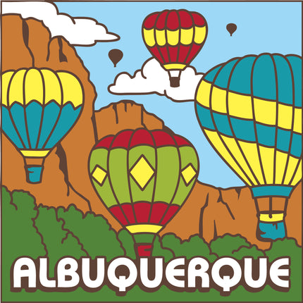 Colorful hot air balloons flying over rocky cliffs with 'ALBUQUERQUE' text below. Albuquerque Hot Air Balloons Ceramic Tile | New Mexico Gift | Southwestern Wall Decor | Colorful Kitchen Trivet