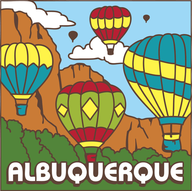 Colorful hot air balloons flying over rocky cliffs with 'ALBUQUERQUE' text below. Albuquerque Hot Air Balloons Ceramic Tile | New Mexico Gift | Southwestern Wall Decor | Colorful Kitchen Trivet