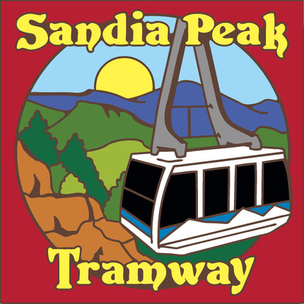 Logo of Sandia Peak Tramway with a cable car and mountain landscape on a red background, Albuquerque Sandia Peak Tramway Ceramic Tile | New Mexico Gift | Southwestern Wall Decor | Colorful Kitchen Trivet
