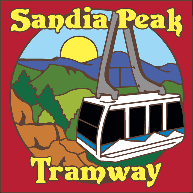 Logo of Sandia Peak Tramway with a cable car and mountain landscape on a red background, Albuquerque Sandia Peak Tramway Ceramic Tile | New Mexico Gift | Southwestern Wall Decor | Colorful Kitchen Trivet