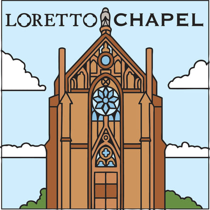 Illustration of Loretto Chapel with a blue sky and white clouds in the background., Loretto Chapel Santa Fe Ceramic Tile | New Mexico Gift | Southwestern Wall Decor | Colorful Kitchen Trivet