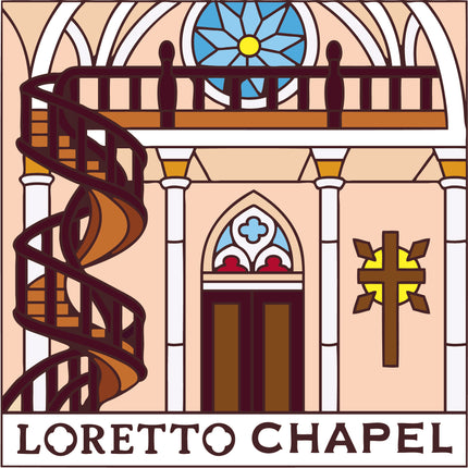 Illustration of Loretto Chapel with a spiral staircase, stained glass windows, and cross.