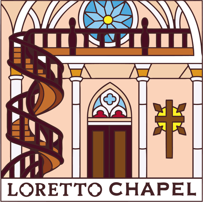 Illustration of Loretto Chapel with a spiral staircase, stained glass windows, and cross.