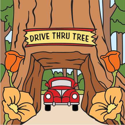 Cartoon illustration of a red car driving through a 'Drive Thru Tree' with flowers on either side. Drive Thru Tree Ceramic Tile | California Redwoods Gift | Forest Wall Decor | Colorful Kitchen Trivet
