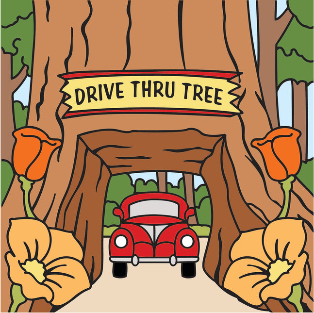Cartoon illustration of a red car driving through a 'Drive Thru Tree' with flowers on either side. Drive Thru Tree Ceramic Tile | California Redwoods Gift | Forest Wall Decor | Colorful Kitchen Trivet