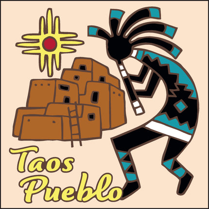 Illustration of Taos Pueblo with a traditional dancer and sun symbol on a beige background, Taos Pueblo New Mexico Souvenir Ceramic Tile Trivet with Kokopelli, Zia and Adobe - Ceramic Tile Trivet Art Gift | Travel Gift | Loose Ceramic Tile