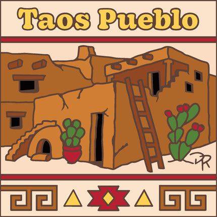 Illustration of Taos Pueblo with cacti and decorative elements on a beige background Taos Pueblo New Mexico Souvenir | Ceramic Tile Trivet Art Gift | Travel Gift | Loose Ceramic Tile