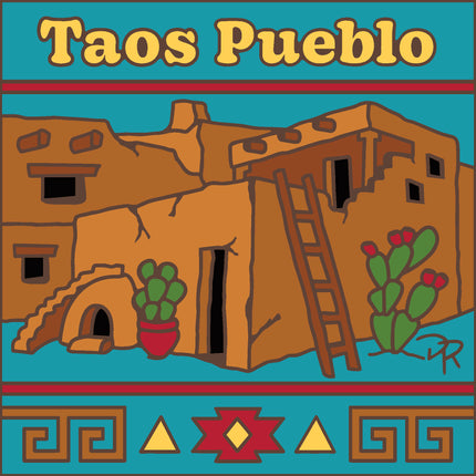 Illustration of Taos Pueblo with cacti and geometric designs on a teal background Taos Pueblo New Mexico Souvenir | Ceramic Tile Trivet Art Gift | Travel Gift | Loose Ceramic Tile
