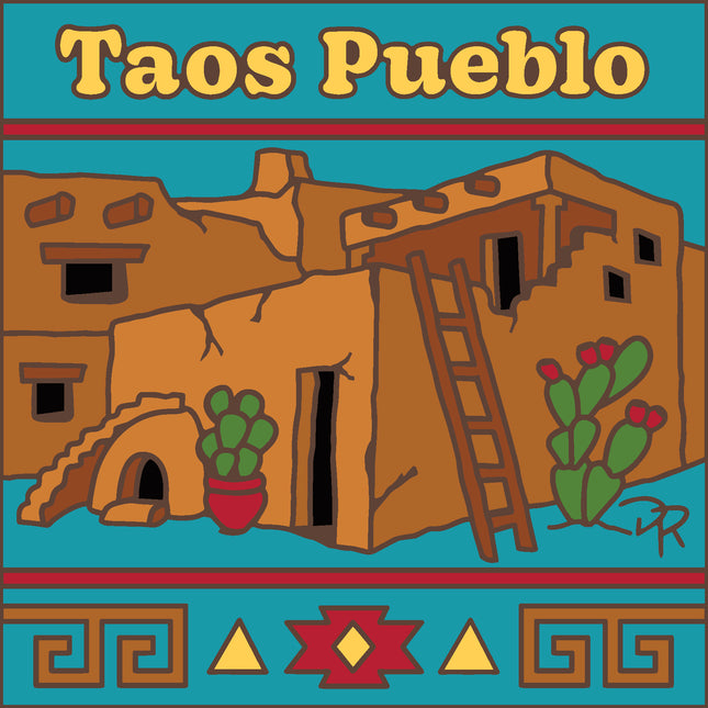 Illustration of Taos Pueblo with cacti and geometric designs on a teal background Taos Pueblo New Mexico Souvenir | Ceramic Tile Trivet Art Gift | Travel Gift | Loose Ceramic Tile