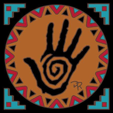 Decorative design with a hand symbol and geometric patterns on a brown background
