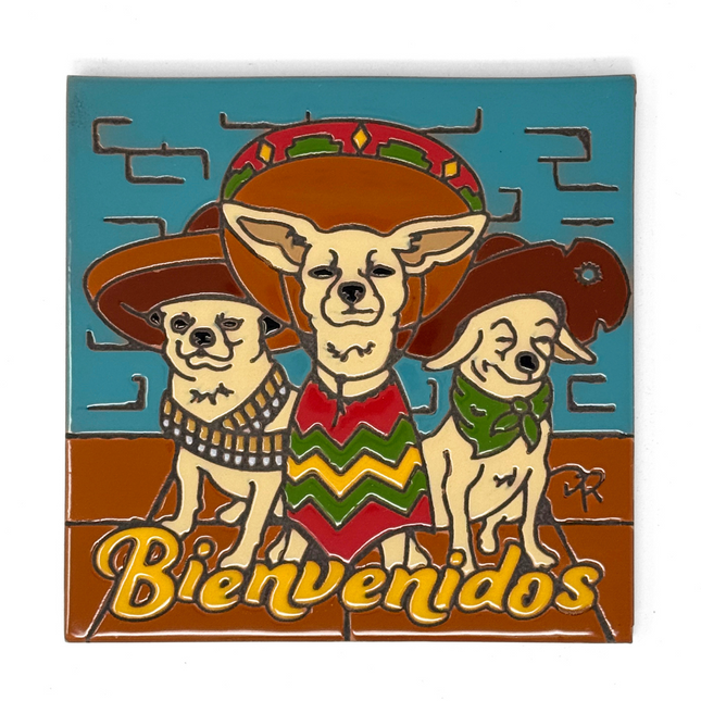 3 Amigos Bienvenidos - Earthtones Tile - Ceramic tile house sign, wall art gift or kitchen trivet