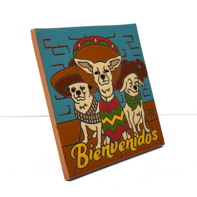 3 Amigos Bienvenidos - Earthtones Tile - Ceramic tile house sign, wall art gift or kitchen trivet
