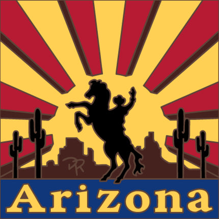 Arizona state flag with a horse, cacti, and sunburst design. decorative tile gift