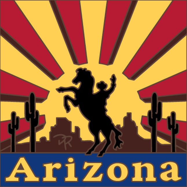 Arizona state flag with a horse, cacti, and sunburst design. decorative tile gift