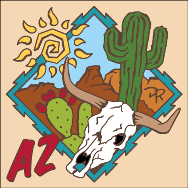 Illustration of a desert scene with cactus, sun, and skull, featuring 'AZ' on a beige background.