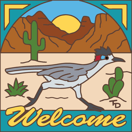 Desert scene with a bird, cactus, and mountains, featuring the word 'Welcome'. Desert Roadrunner Welcome Tile - Southwest ceramic tile | House Sign art gift 