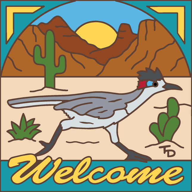 Desert scene with a bird, cactus, and mountains, featuring the word 'Welcome'. Desert Roadrunner Welcome Tile - Southwest ceramic tile | House Sign art gift 