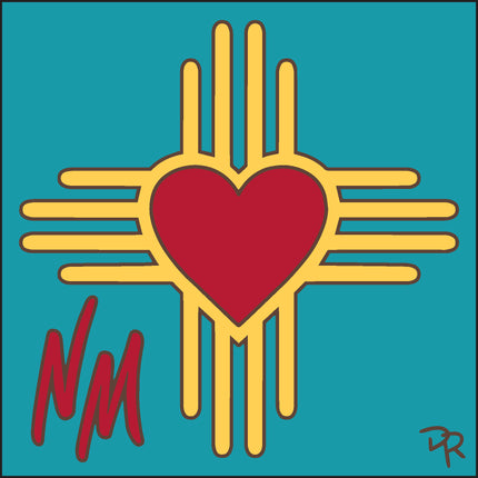 Symbol with red heart and yellow rays on a teal background, featuring 'NM' initials. Heart Zia ceramic tile art gift | New Mexico Souvenir