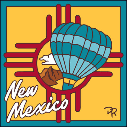 Colorful illustration of a New Mexico design with a turquoise shell, red and yellow background, and 'New Mexico' text.