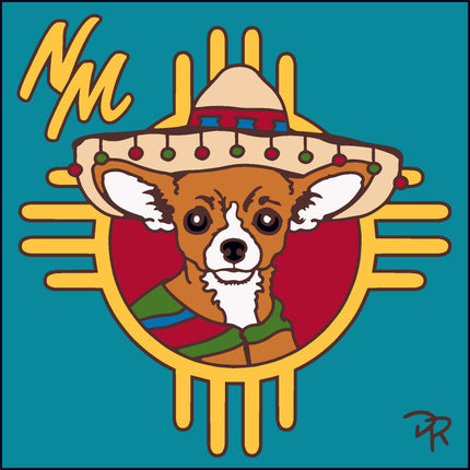 Dog wearing a sombrero with 'NM' and sunburst design on a teal background New Mexico Zia Chihuahua ceramic tile | Southwest Art Gift | NM Souvenir