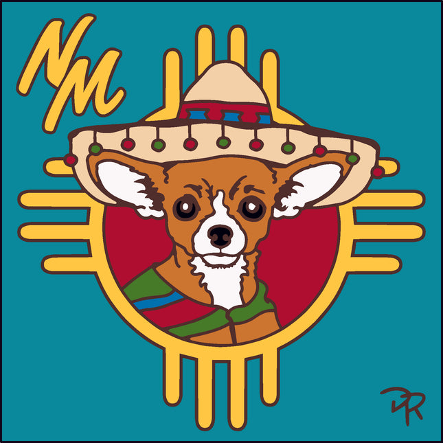 Dog wearing a sombrero with 'NM' and sunburst design on a teal background New Mexico Zia Chihuahua ceramic tile | Southwest Art Gift | NM Souvenir