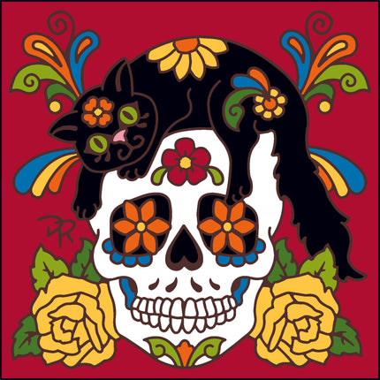 Artistic depiction of a black cat with a sugar skull design on a red background with colorful floral elements. Day of the Dead Skull Cat Head - Cat Lover Gift - Ceramic Tile Trivet Art  | Pet Memorial Gift