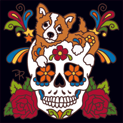 Dog with a skull design surrounded by colorful flowers and patterns on a black background, Day of the Dead Skull Puppy Pal Tile- Dog Lover Gift - Ceramic Tile Trivet Art  | Pet Memorial Gift