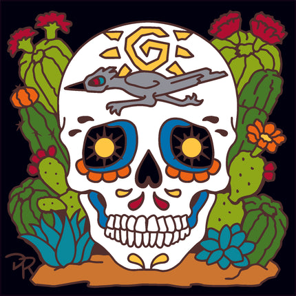 Colorful skull design with cacti and flowers on a black background, Day of the Dead Road Runner Desert Skull - Ceramic Tile Trivet Art Gift