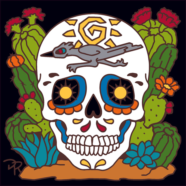 Colorful skull design with cacti and flowers on a black background, Day of the Dead Road Runner Desert Skull - Ceramic Tile Trivet Art Gift