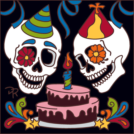 Colorful illustration of two skulls with a birthday cake and candles on a black background. Day of the Dead Celebration | Ceramic Tile Art | Perfect Southwest Birthday Gift