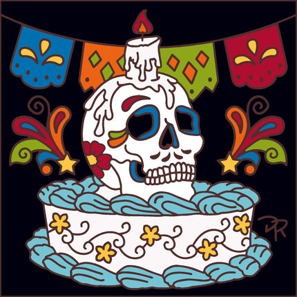 Colorful sugar skull cake with candles and papel picado on a black background, Day of the Dead Sugar Skull Candle Cake Tile | Ceramic Tile Art | Perfect Southwest Birthday Gift