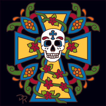 Colorful skull design with cross and floral elements on a black background Day of the Dead Decorative Skull with Cross Tile | Ceramic Tile Art | Religious Gift 