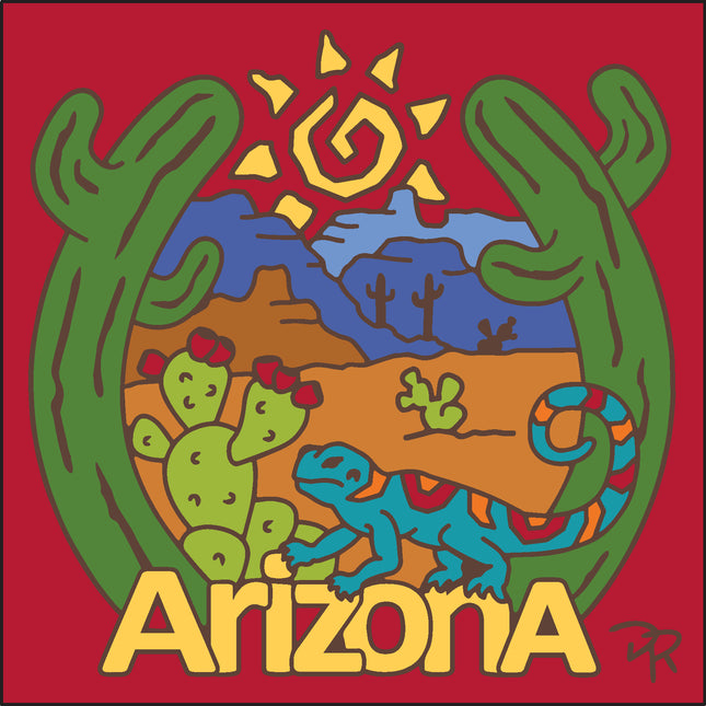 Illustrative logo of Arizona with cacti, a lizard, and mountains on a red background. Arizona Desert View Gecko Art Tile | Perfect AZ Souvenir Gift