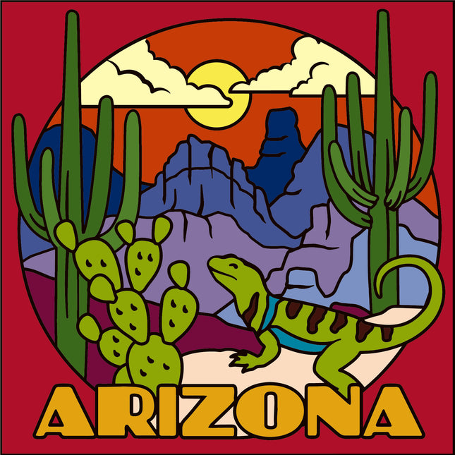 Illustration of a desert scene with cacti, a lizard, and mountains on a red background with 'Arizona' text.
