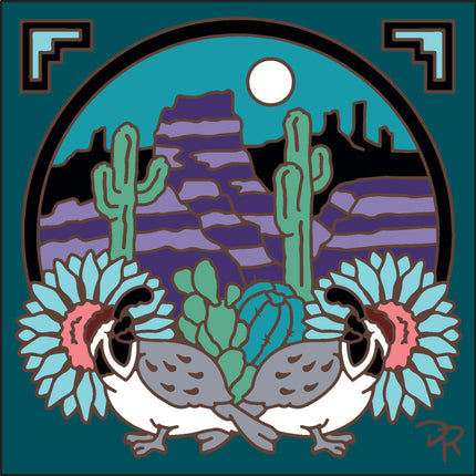Illustration of two desert creatures with cacti and mountains in the background, Quail's Garden Ventana Ceramic Tile Art Trivet - Southwest art tile | Desert Kitchen Trivet | Unique Quail Decor