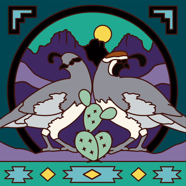 Artistic depiction of two birds with a cactus and mountain landscape in the background.
