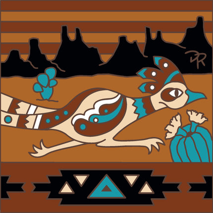 Native American artwork with a stylized roadrunner and geometric patterns on a brown background, Deco  Roadrunner Tile - Southwest ceramic tile art gift | Desert Gift