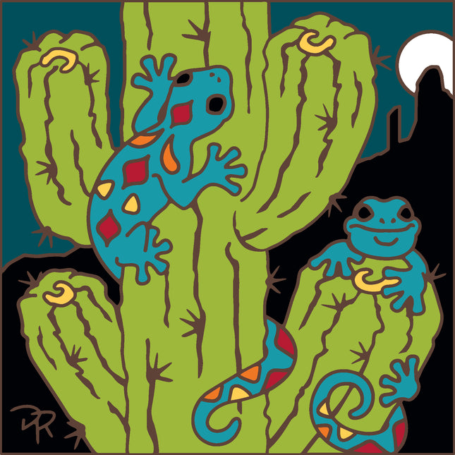 Colorful illustration of a lizard on a cactus with a dark background, Cactus Climbing Geckos Tile | Reptile Art Gift | Ceramic Tile Trivet | Desert Wall Decor