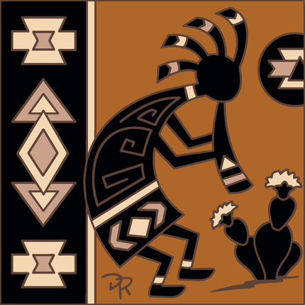 Traditional Native American Kokopelli design with geometric patterns on a brown background, Kokopelli on Deco Border Tile Trivet or Wall Art | Hand Glazed Desert Art Gift | Colorful Southwest Wall Decor