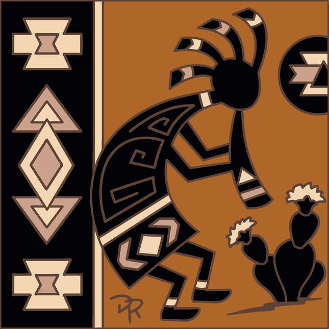 Traditional Native American Kokopelli design with geometric patterns on a brown background, Kokopelli on Deco Border Tile Trivet or Wall Art | Hand Glazed Desert Art Gift | Colorful Southwest Wall Decor